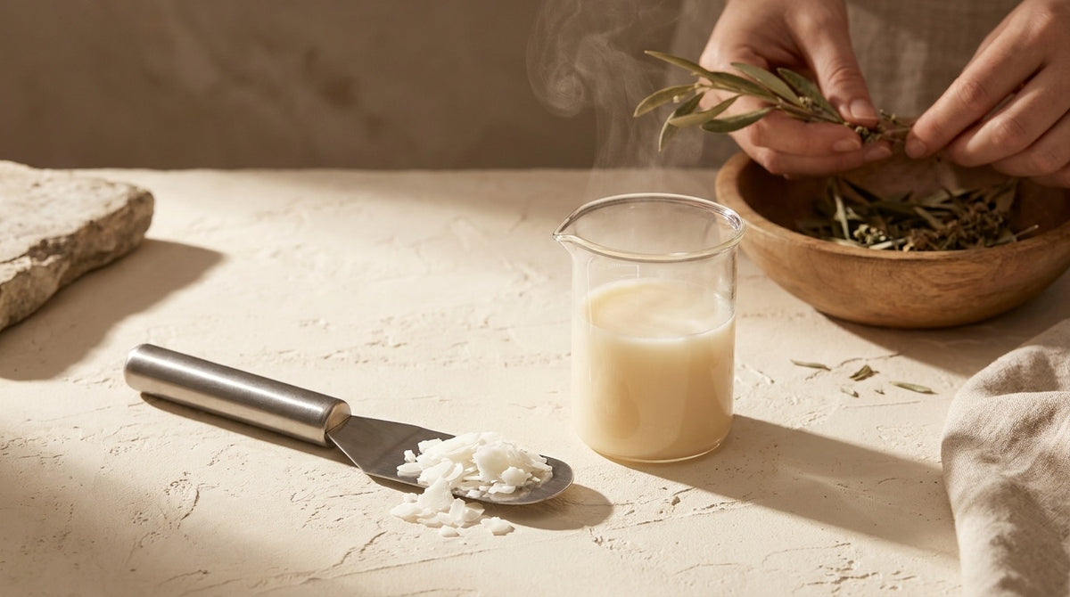 Waxy cetearyl alcohol flakes beside a beaker of emulsion