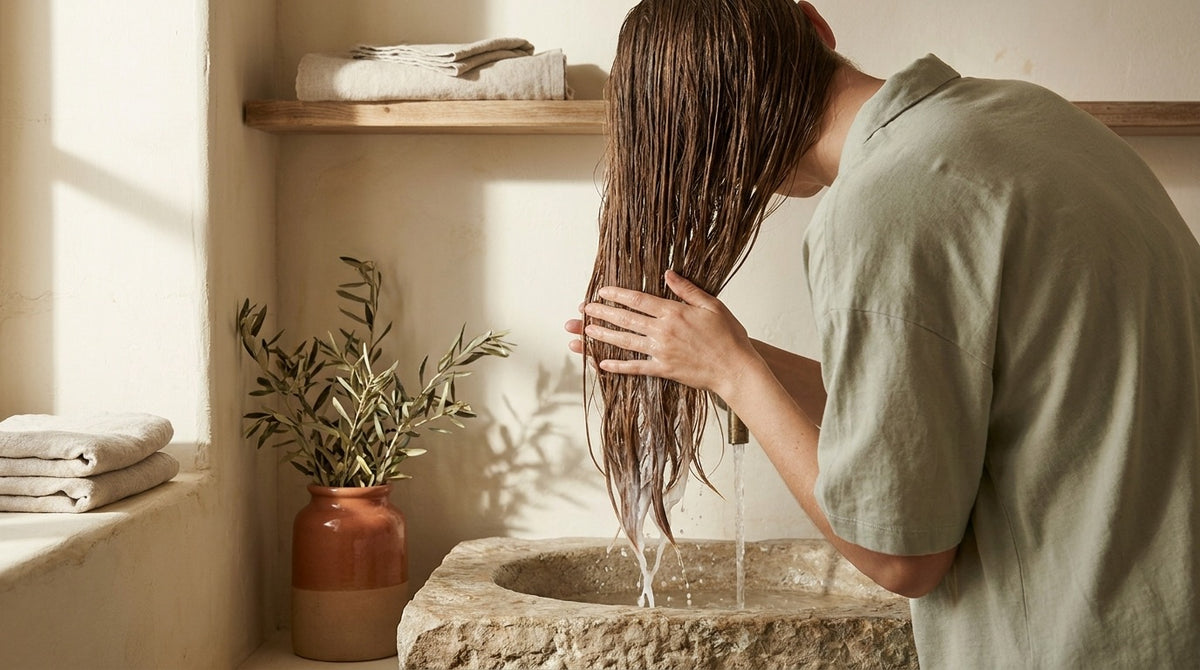 Water rinsing conditioner from long wet hair over a stone basin