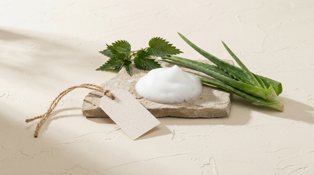 White foam beside aloe and nettle on a stone slab