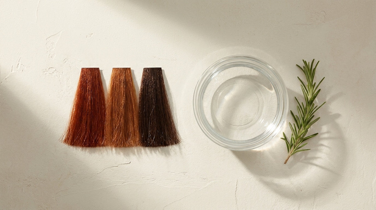 Dyed hair swatches beside a bowl of water and rosemary