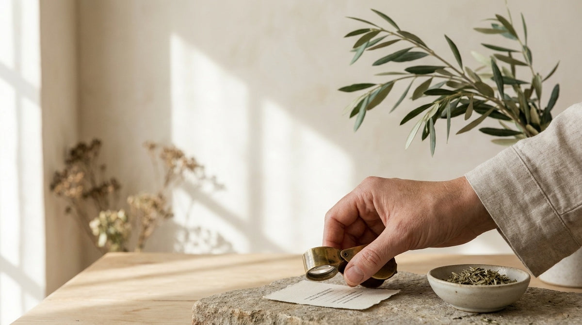 A hand reading the fine print of a label through a loupe
