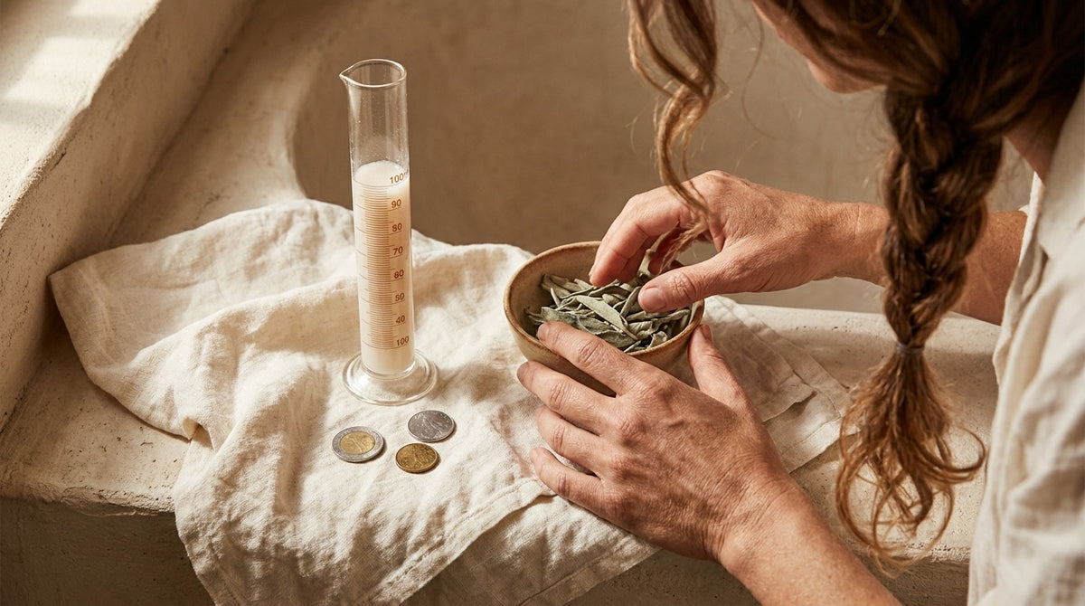 A measuring cylinder filled to 100 ml beside a few coins
