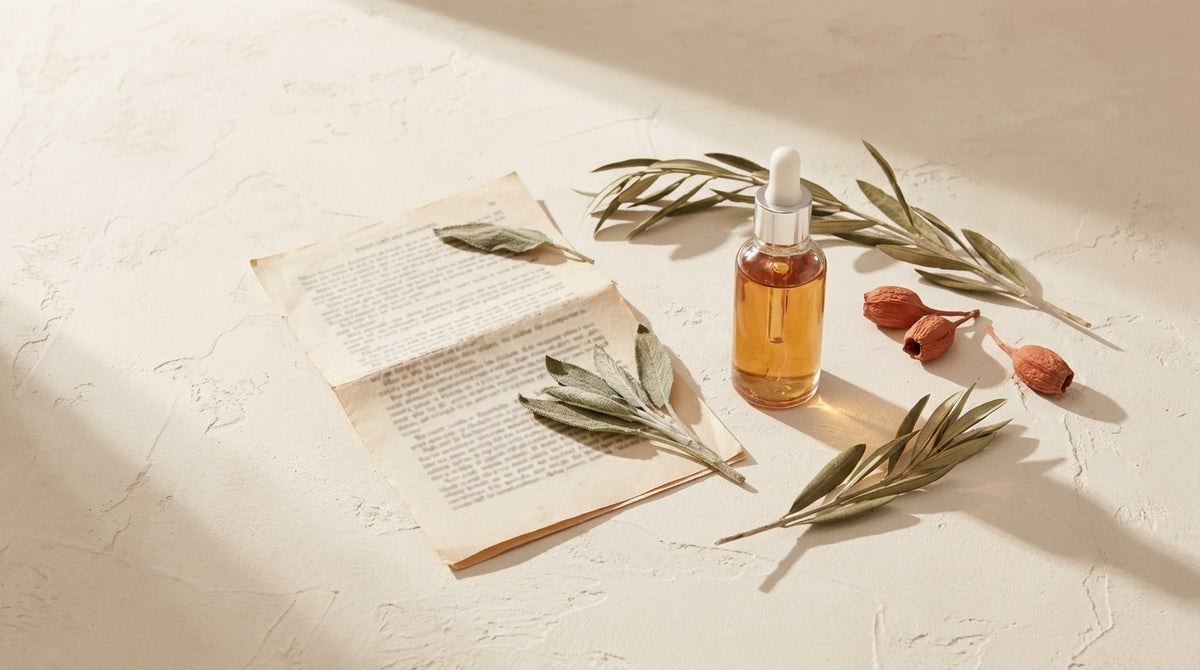 A folded document, a glass dropper and dried botanicals