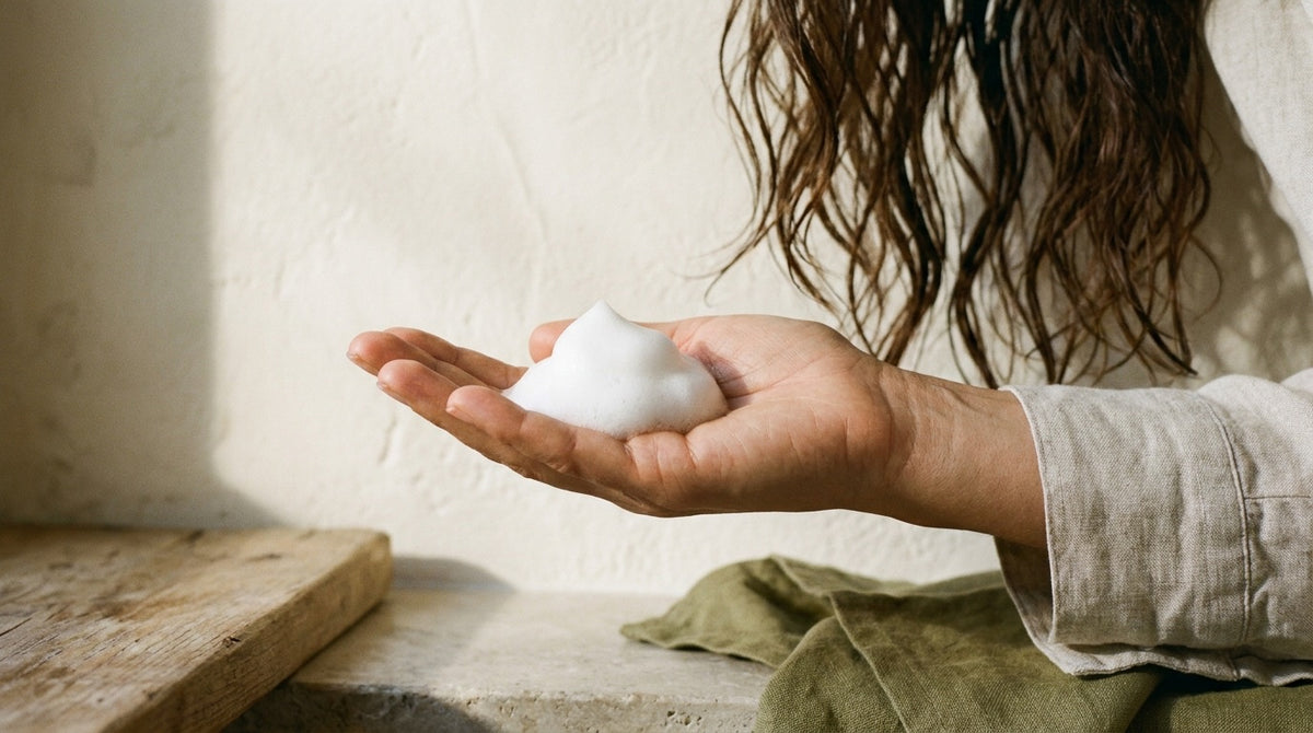 A palm holding airy hair mousse in front of damp wavy hair