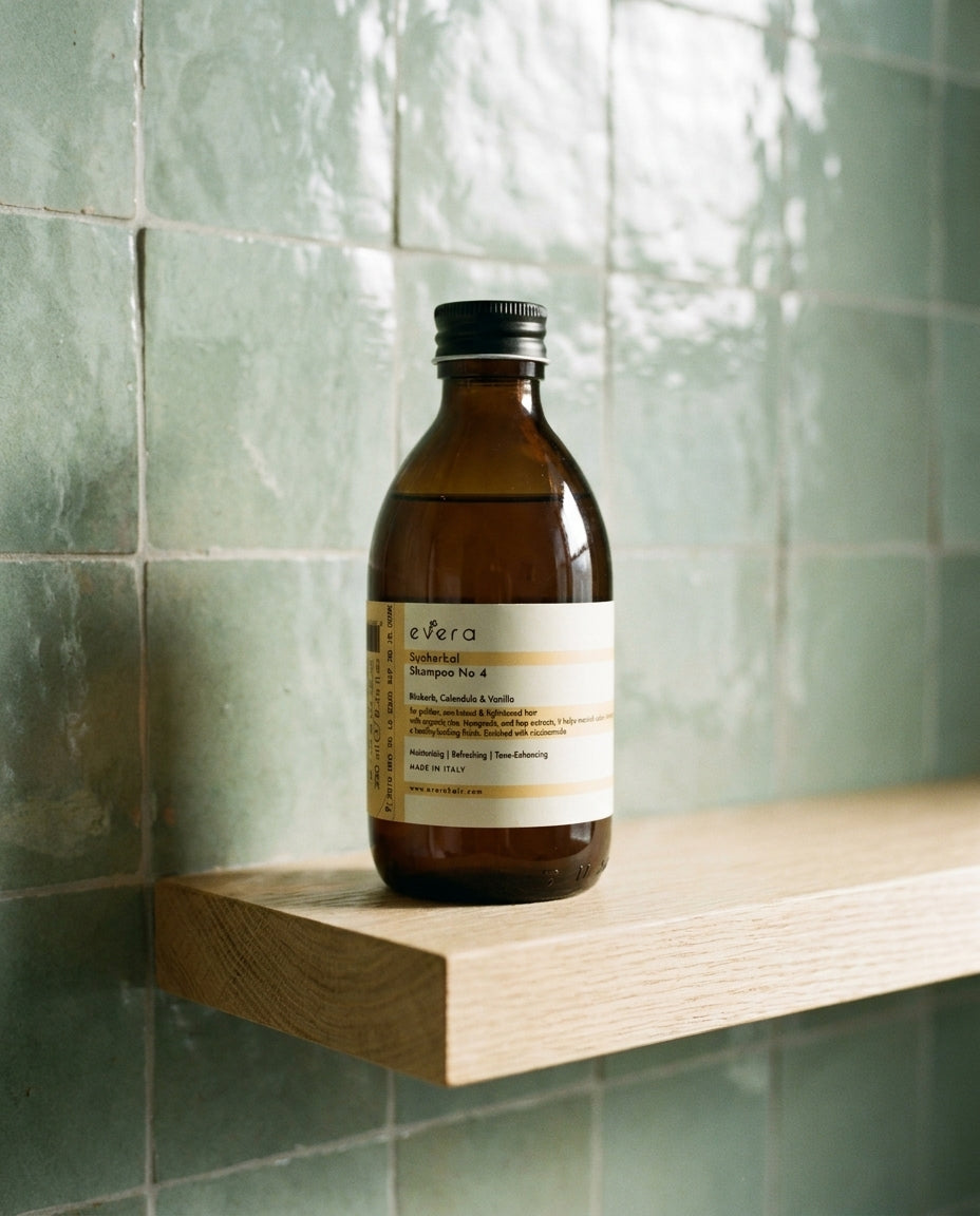Supherbal Shampoo No.4 — Evera, editorial bathroom still life
