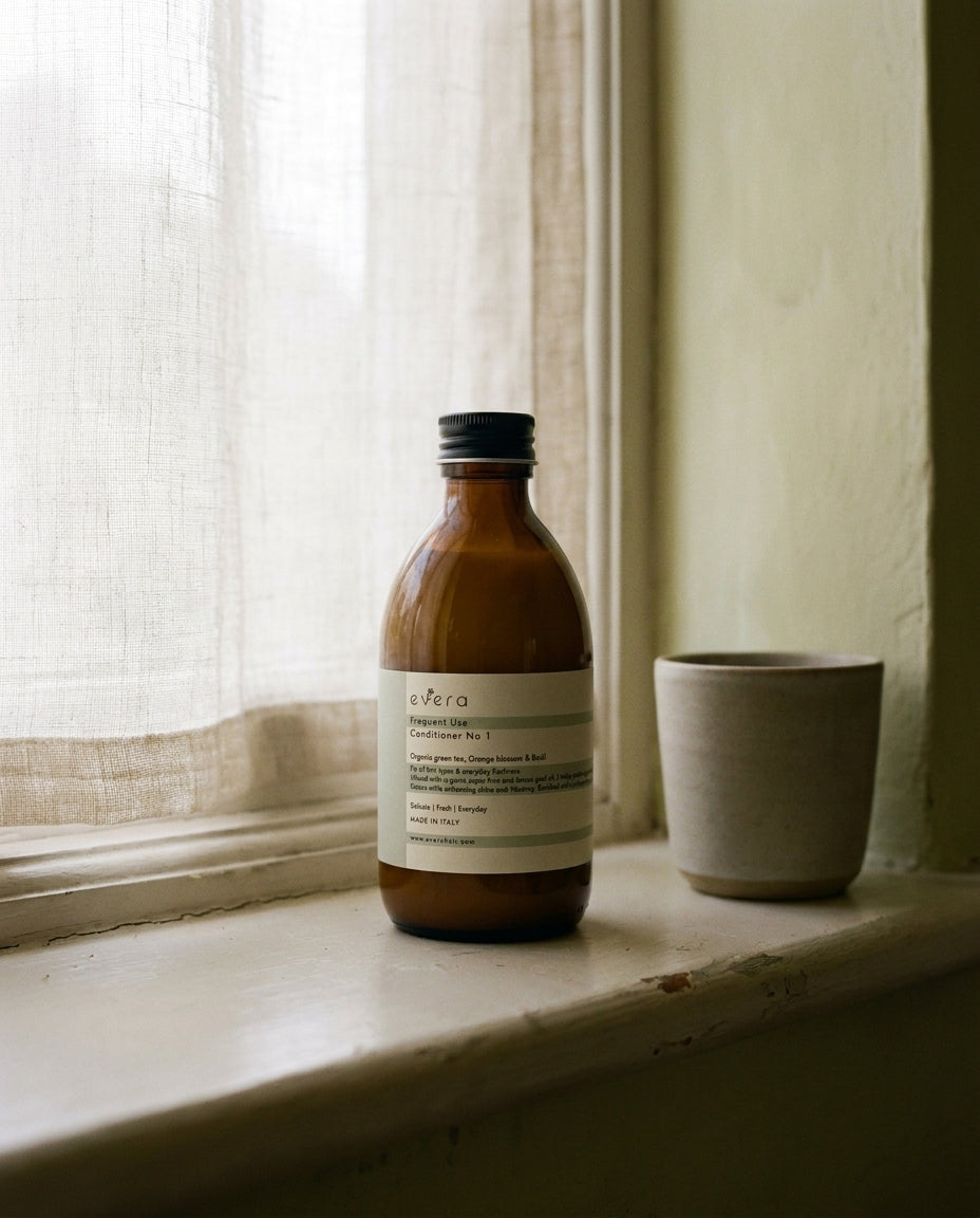 Frequent Use Conditioner N1 — Evera, editorial bathroom still life