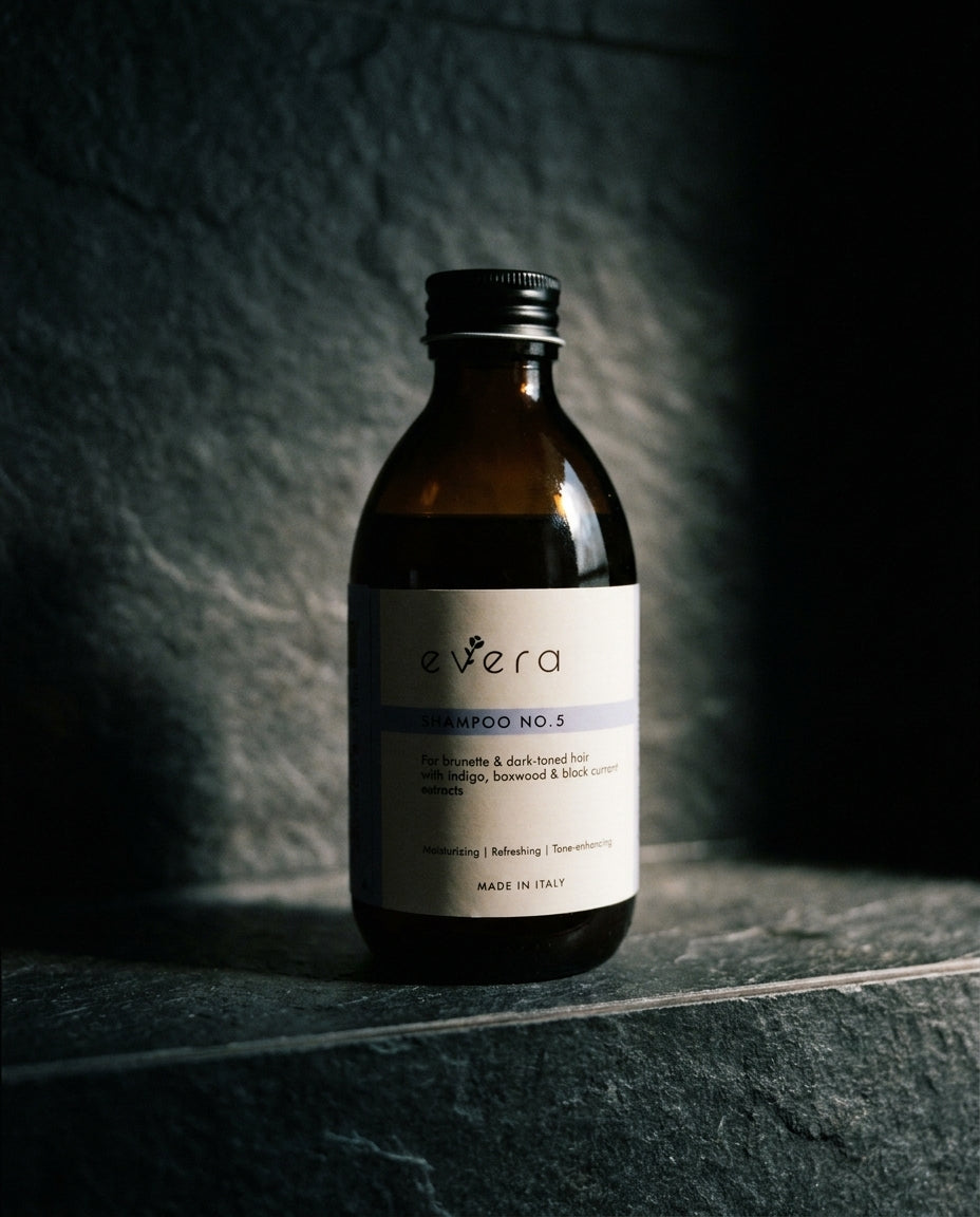 Supherbal Shampoo No.5 — Evera, editorial bathroom still life