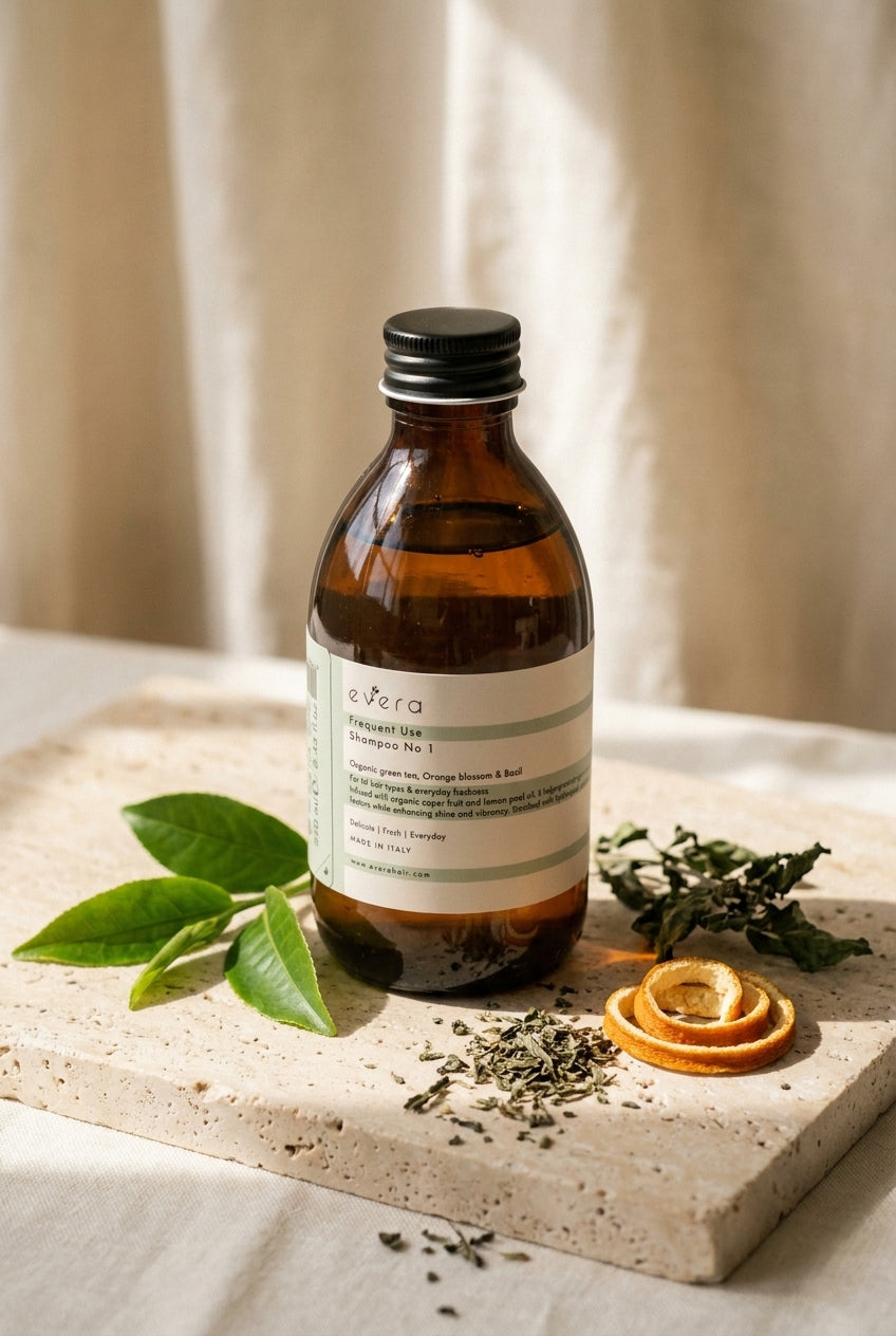 Evera Shampoo No 1 Frequent Use on travertine with green tea leaves and basil sprigs, natural morning light