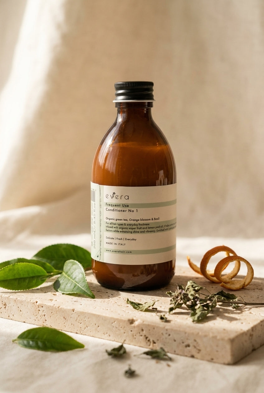 Evera Conditioner No 1 Frequent Use on travertine with green tea leaves and basil sprigs, natural morning light