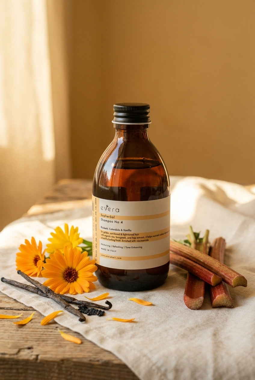 Evera Shampoo No 4 Supherbal Golden Blonde with calendula blossoms and vanilla pod on pine wood, warm ochre backdrop
