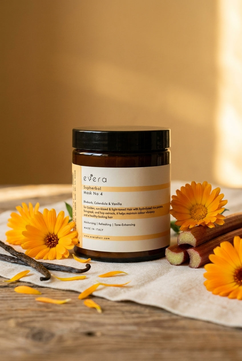 Evera Mask No 4 Supherbal Golden Blonde with calendula and vanilla pod on pine wood, warm ochre backdrop