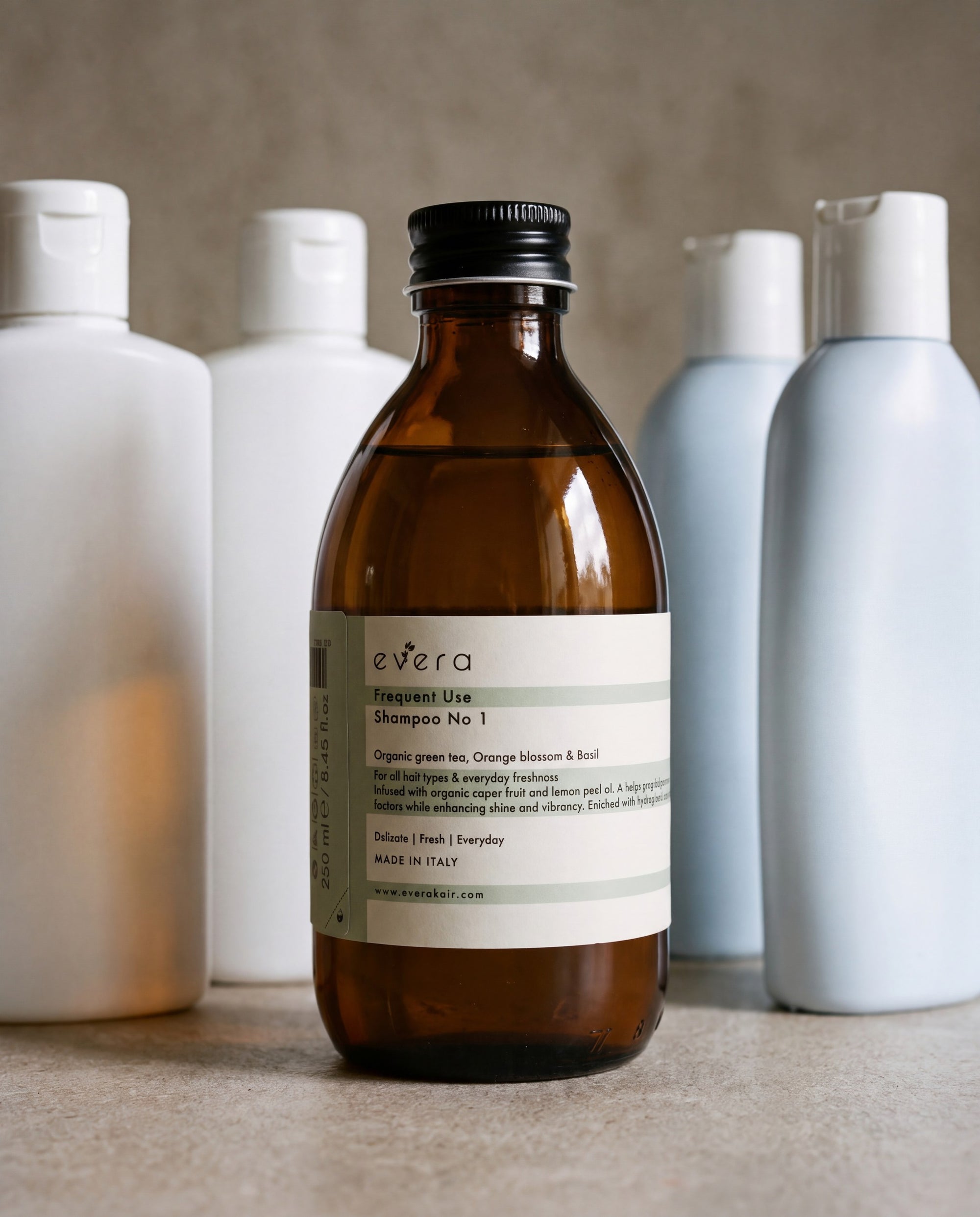 Frequent Use Shampoo N1 — beside ordinary supermarket bottles
