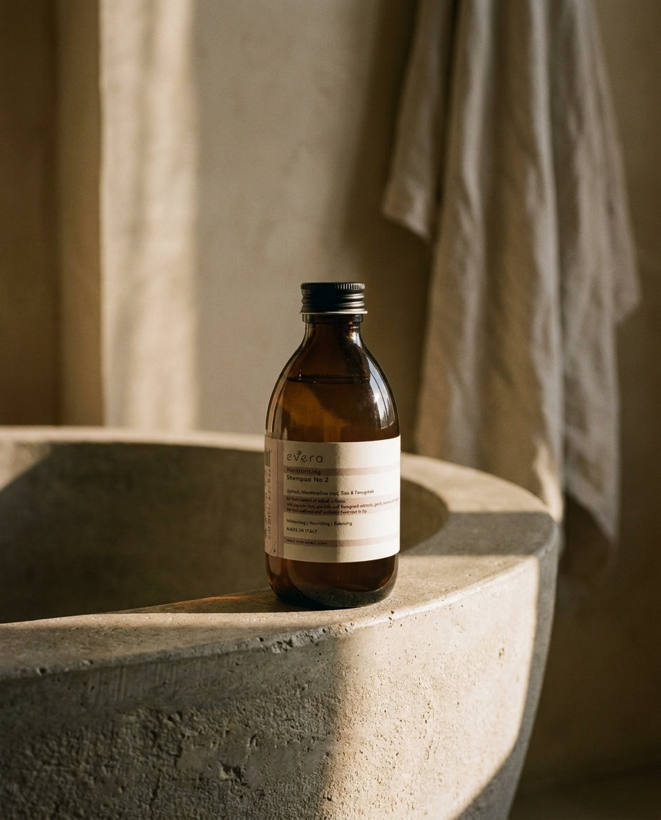 Moisturising Shampoo No.2 — Evera, editorial bathroom still life