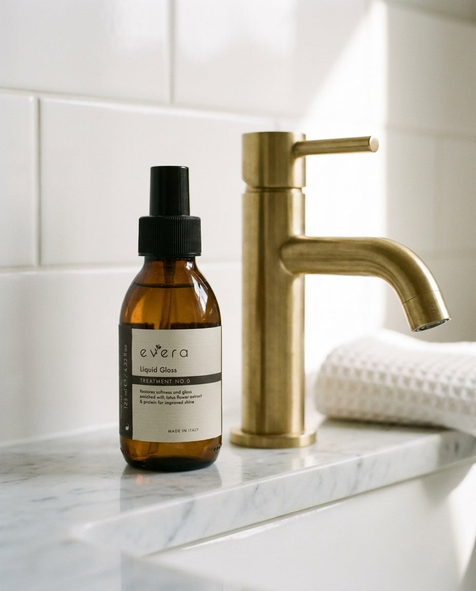 Liquid Gloss Treatment Nº0 — Evera, editorial bathroom still life