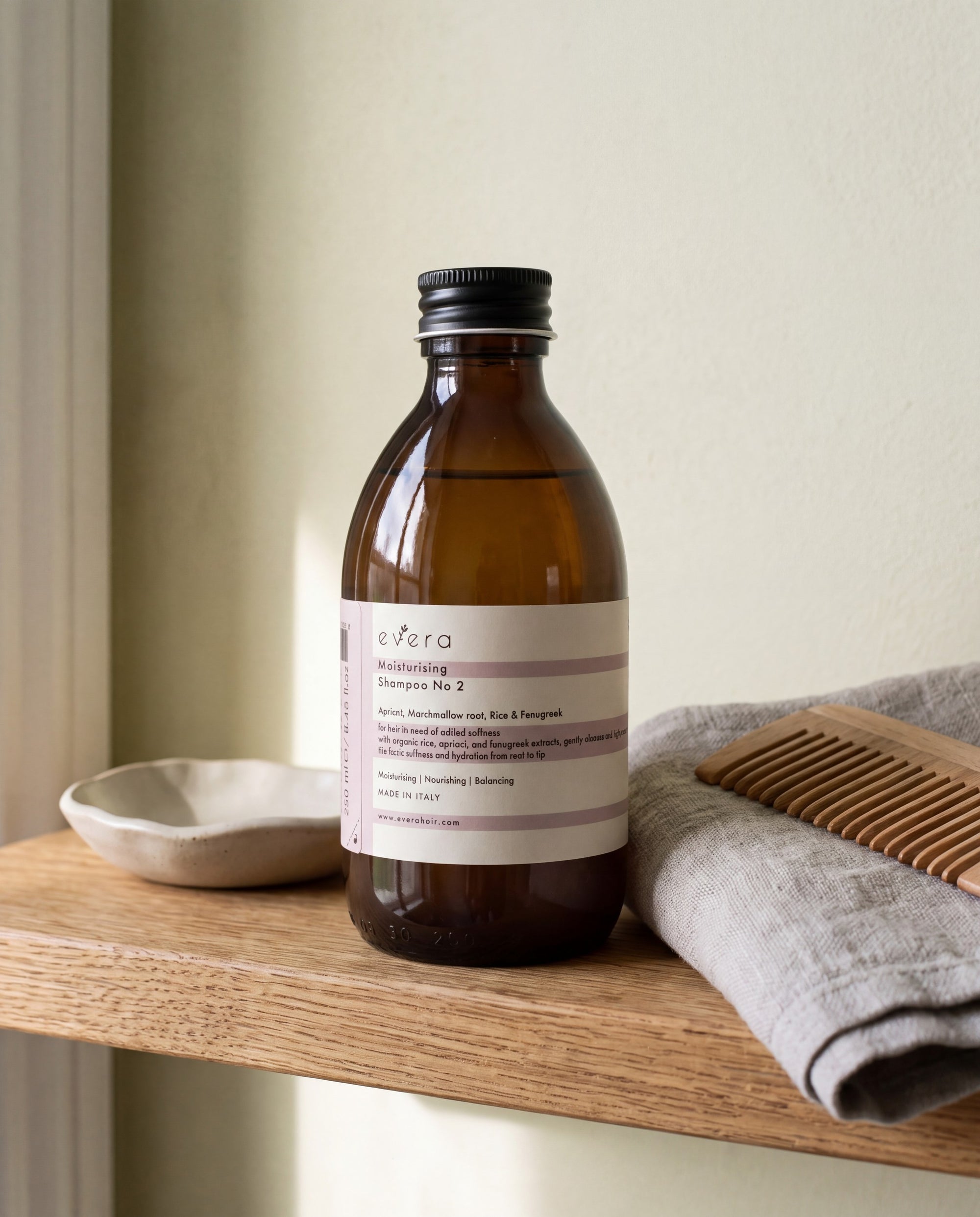 Moisturising Shampoo No.2 — on a shelf, shown to scale
