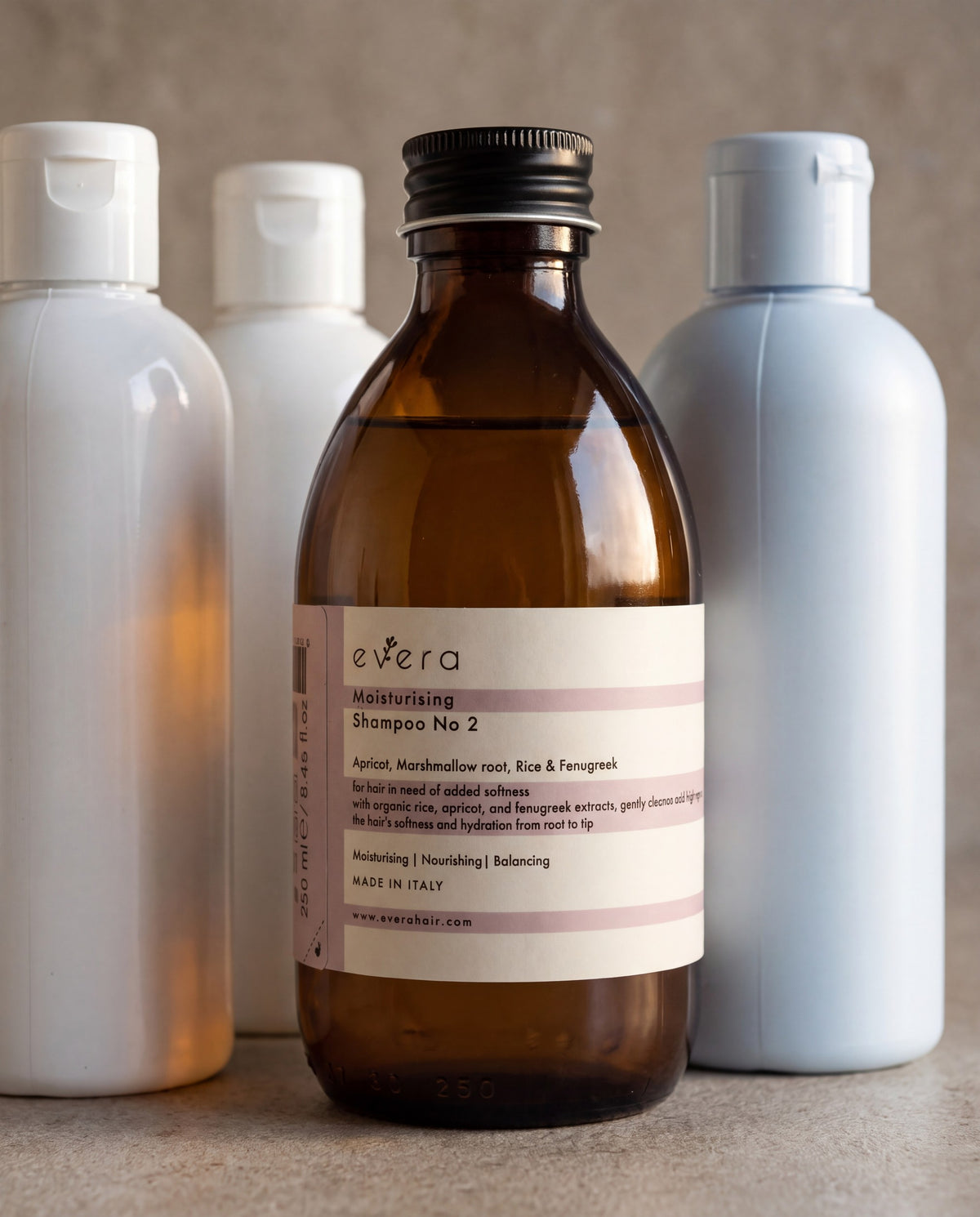 Moisturising Shampoo No.2 — beside ordinary supermarket bottles
