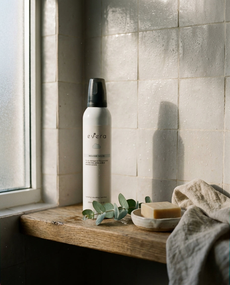 Evera Mousse No.10 on a sunlit bathroom shelf with eucalyptus and linen