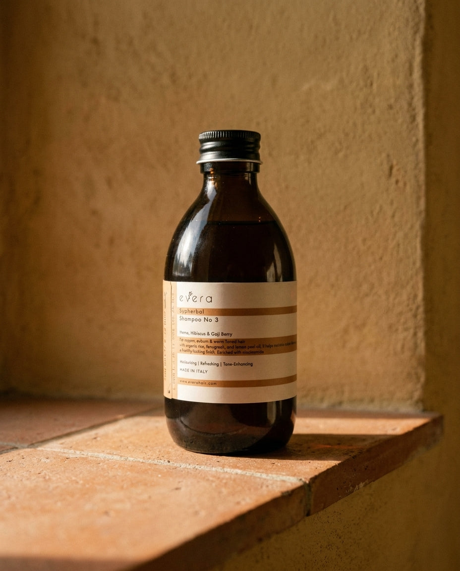 Supherbal Shampoo No.3 — Evera, editorial bathroom still life