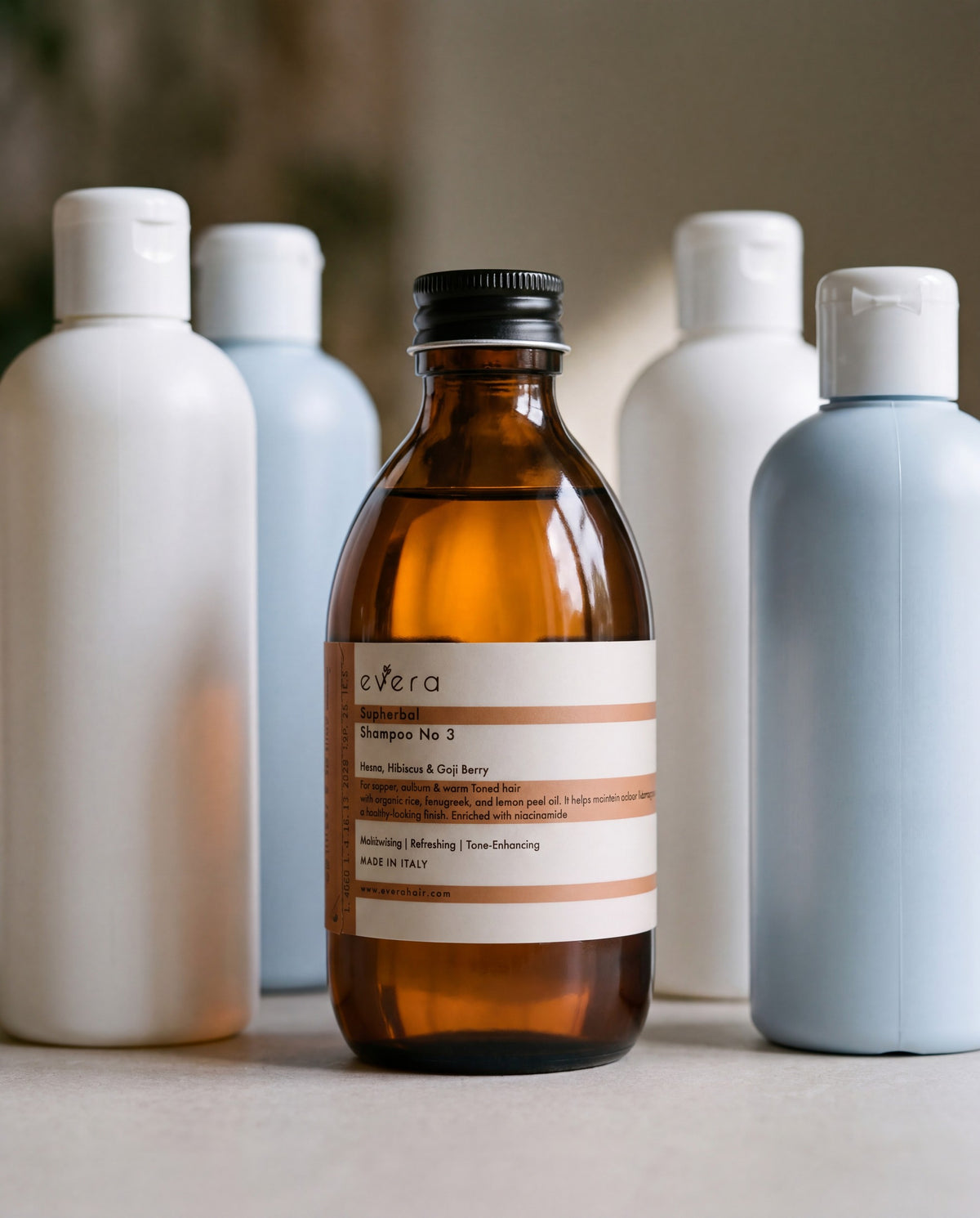 Supherbal Shampoo No.3 — beside ordinary supermarket bottles