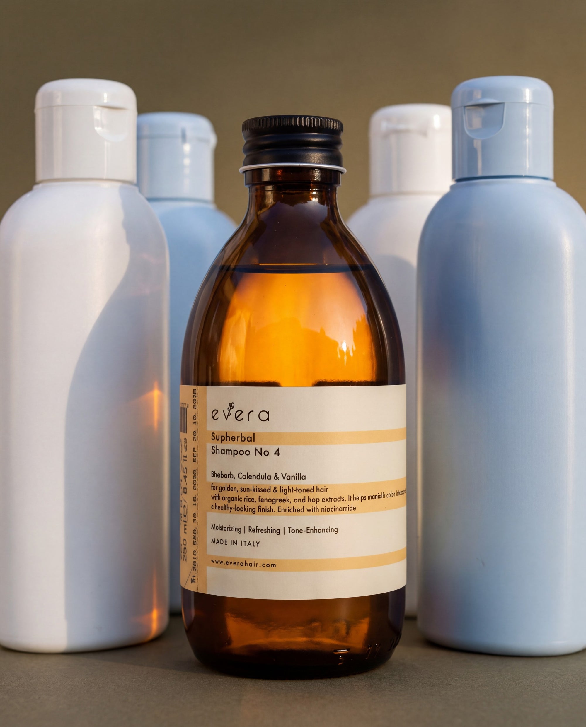 Supherbal Shampoo No.4 — beside ordinary supermarket bottles